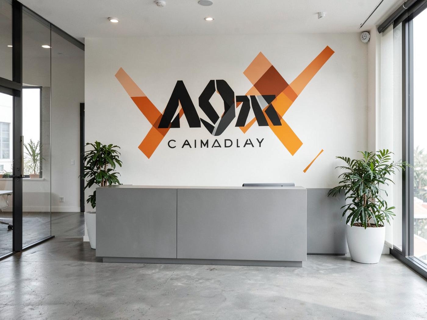 Hall d'accueil professionnel avec logo et graphisme imprimés sur le mur