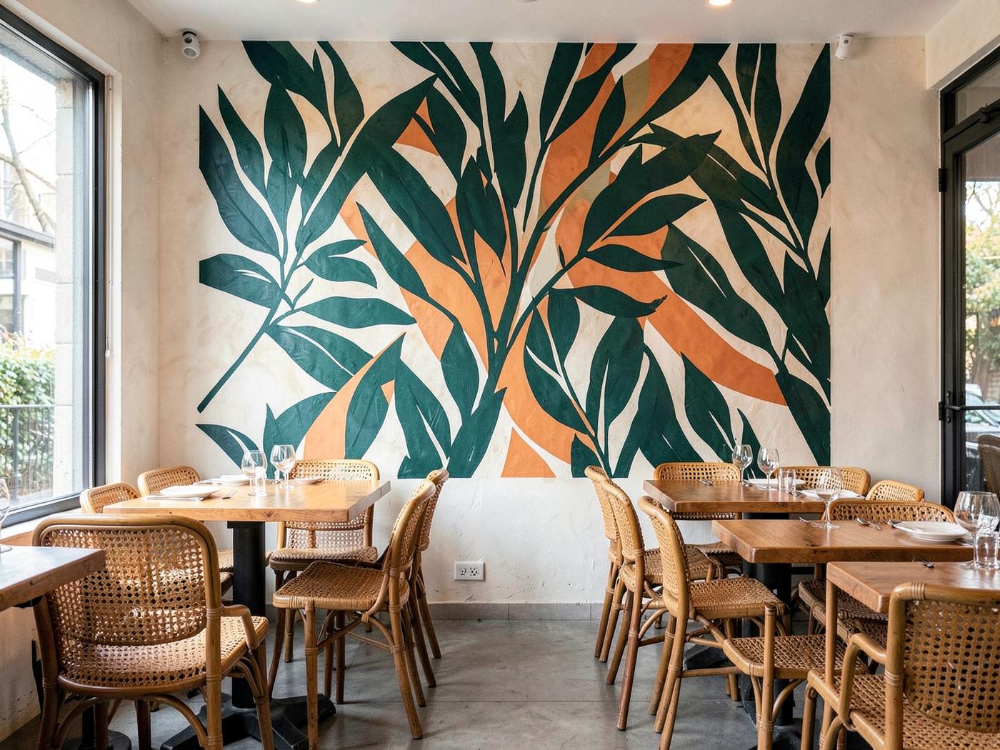 Salle de restaurant avec motif végétal vert et orange imprimé sur le mur